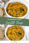 If you're looking for healthy, nutrient-dense comfort food, this.is.it. Turmeric Red Lentil Soup! Creamy, thick lentil stew with turmeric, vegetables and kale. Vegan and Gluten-Free.