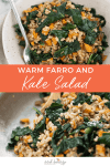 Warm Farro and Kale Salad with Orange-Miso Dressing! This vegan meal is super nourishing and healthy. This simple salad really doesn't have much of a recipe. Roast the sweet potatoes, cook the farro, then saute together.