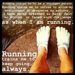 A Runner'S Feet Clad In Toe Running Shoes On A Treadmill, With An Inspirational Quote About The Personal Strength Gained From Running.