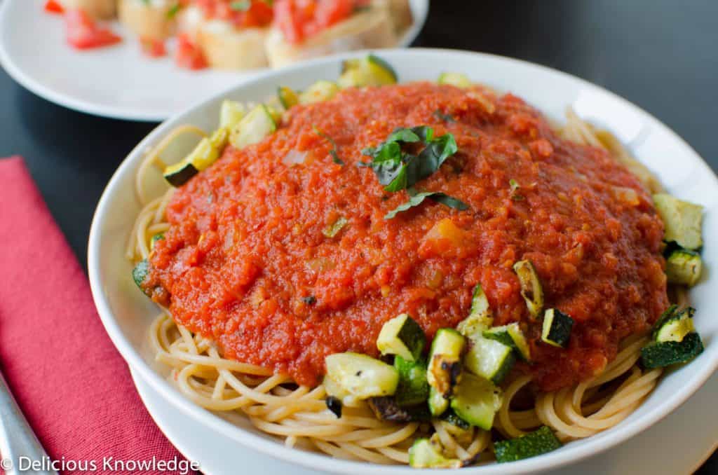 Roasted zucchini pasta with Spicy Arrabiata sauce! A healthy, vegetable filled pasta. 