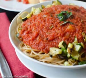 Roasted zucchini pasta with Spicy Arrabiata sauce! A healthy, vegetable filled pasta. 