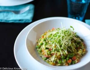 Spring Risotto With Pea Coulis And Pea Shoot Salad. An Elegant Spring Pasta Dish That'S Packed With Vegetables And Layers Of Flavor! Vegan And Gluten-Free. 