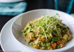 Spring Risotto With Pea Coulis And Pea Shoot Salad. An Elegant Spring Pasta Dish That'S Packed With Vegetables And Layers Of Flavor! Vegan And Gluten-Free. 