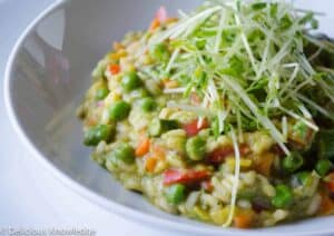 Spring Risotto With Pea Coulis And Pea Shoot Salad. An Elegant Spring Pasta Dish That'S Packed With Vegetables And Layers Of Flavor! Vegan And Gluten-Free. 