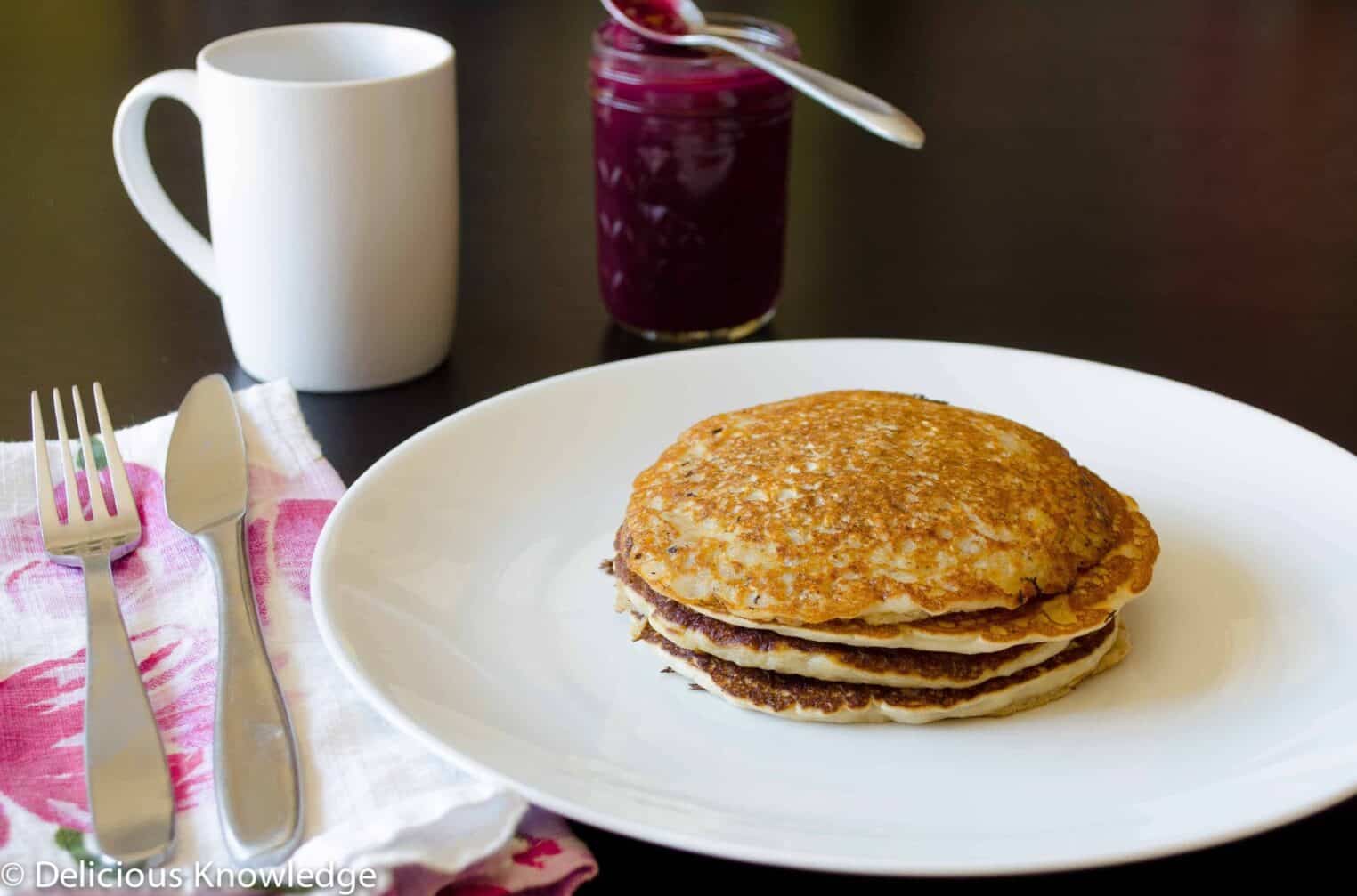Oatmeal Pancakes with fresh blueberry glaze! Healthy, vegan, and perfect for a lazy brunch or weekday breakfast. 