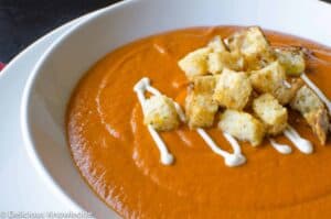 vegan tomato bisque with cheesy croutons