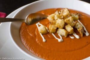 vegan tomato bisque with cheesy croutons