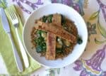 lentil bowl with kale and vegan sausage