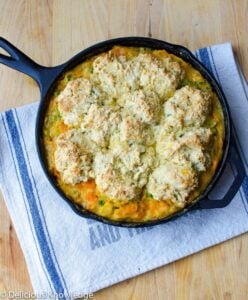 roasted vegetable skillet with onion biscuit