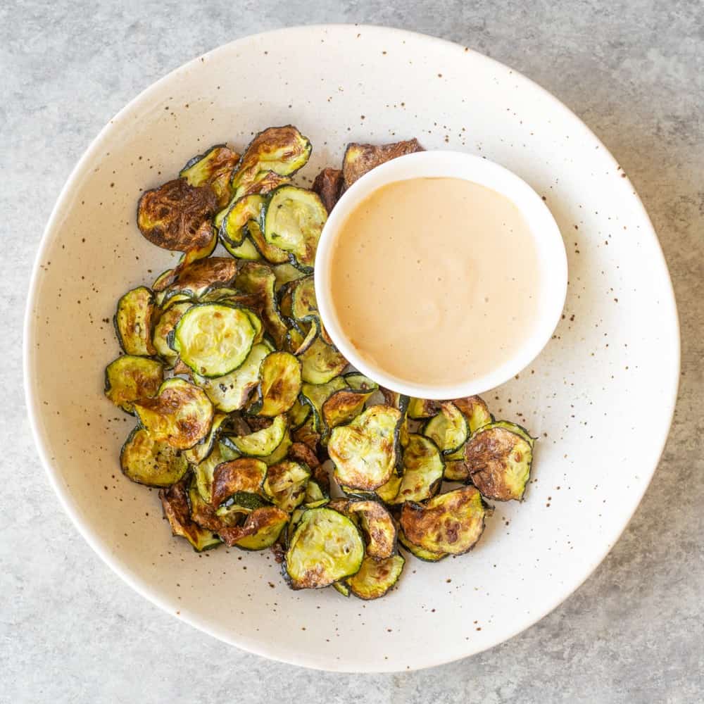 Air Fryer Zucchini Chips with Creamy Sriracha Dip