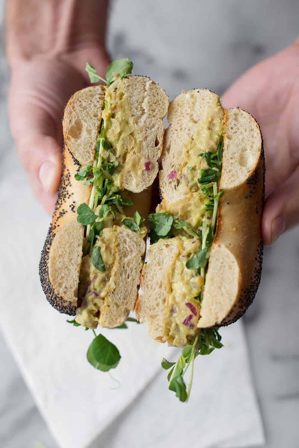 Vegan No Cook Dinner Of Chickpea Salad On A Bagel