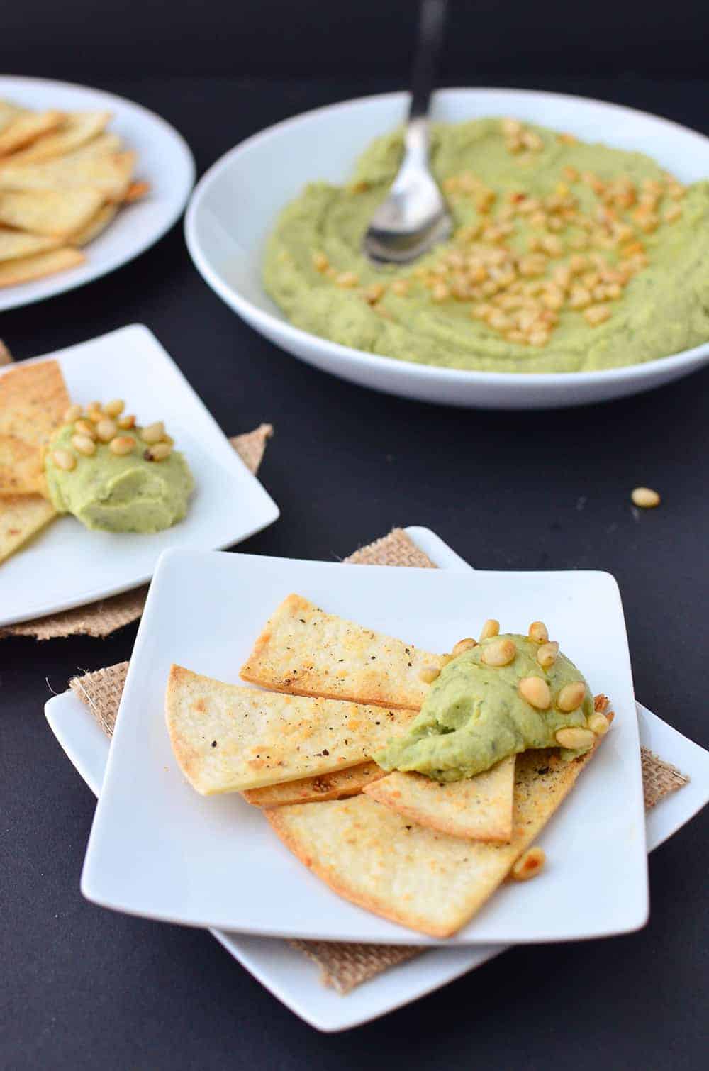 You'Ve Got To Make This Dip! Avocado Pesto Hummus With Homemade Parmesan Crisps. | Www.delishknowledge.com