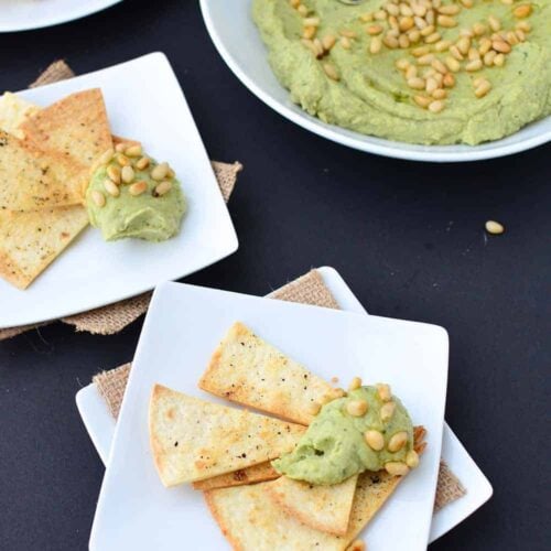 You'Ve Got To Make This Dip! Avocado Pesto Hummus With Homemade Parmesan Crisps. | Www.delishknowledge.com