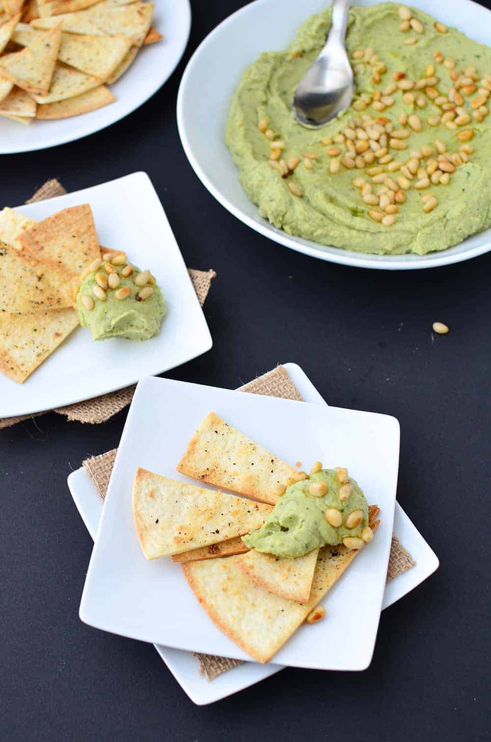 You'Ve Got To Make This Dip! Avocado Pesto Hummus With Homemade Parmesan Crisps. | Www.delishknowledge.com