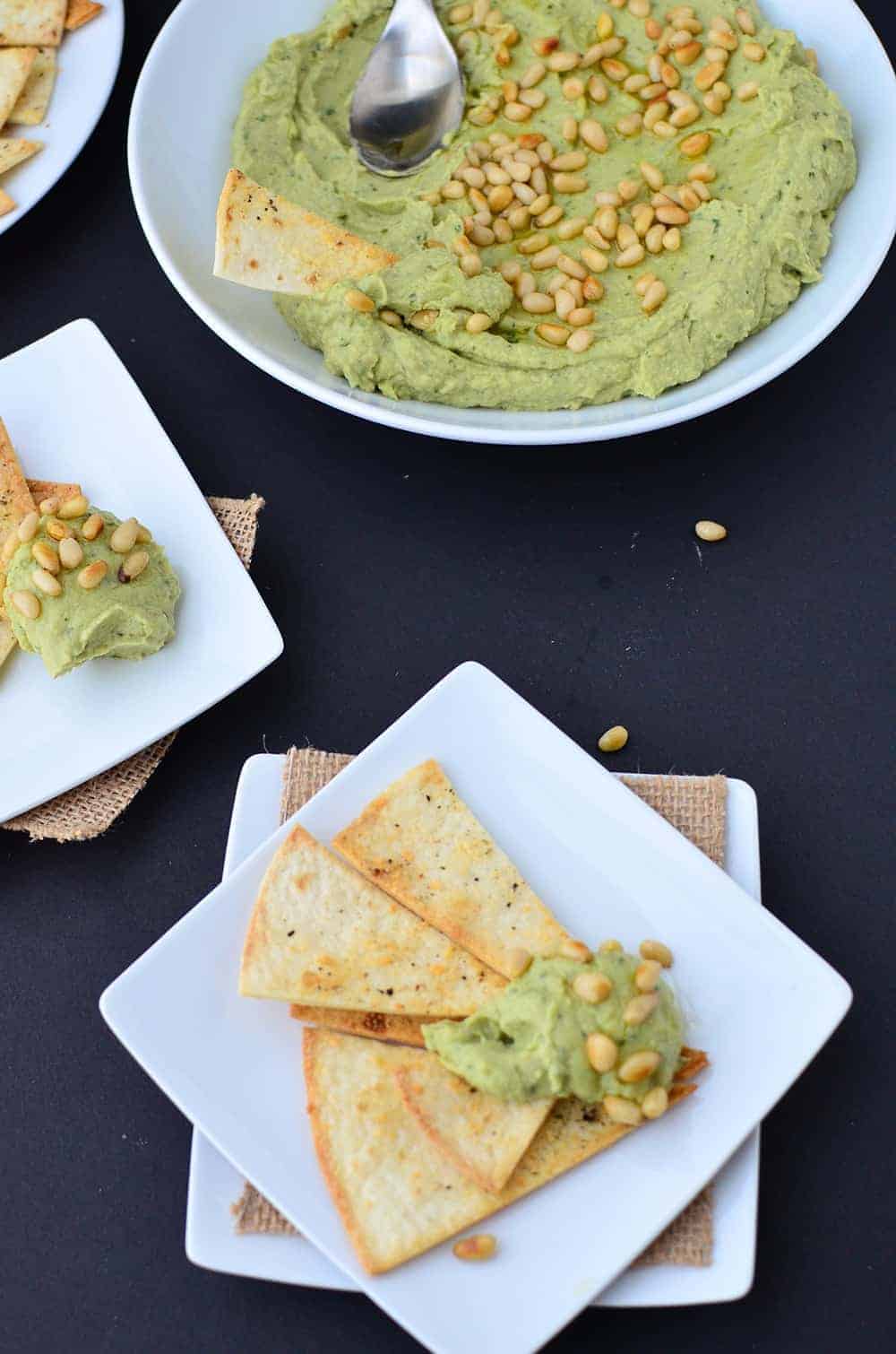 You'Ve Got To Make This Dip! Avocado Pesto Hummus With Homemade Parmesan Crisps. | Www.delishknowledge.com