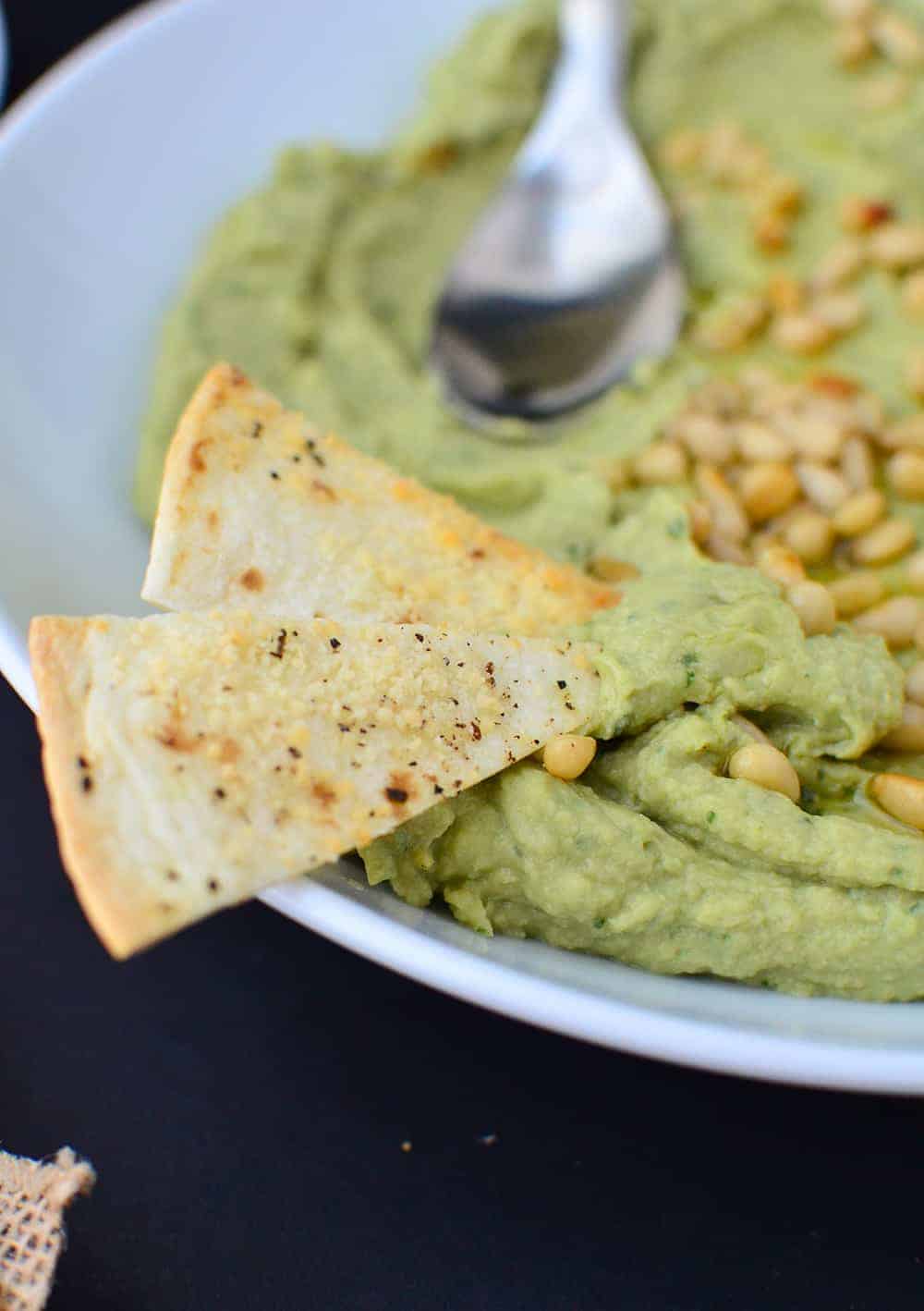 You'Ve Got To Make This Dip! Avocado Pesto Hummus With Homemade Parmesan Crisps. | Www.delishknowledge.com