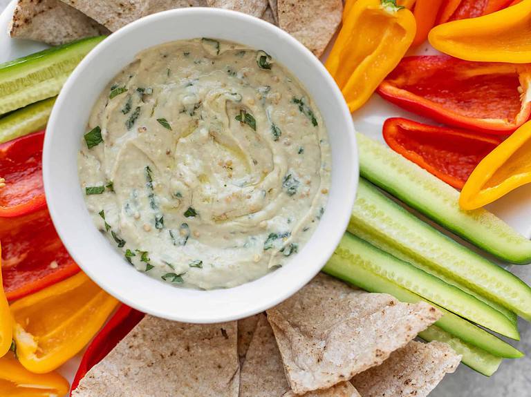 Baba Ganoush In A Small Bowl With Vegetables