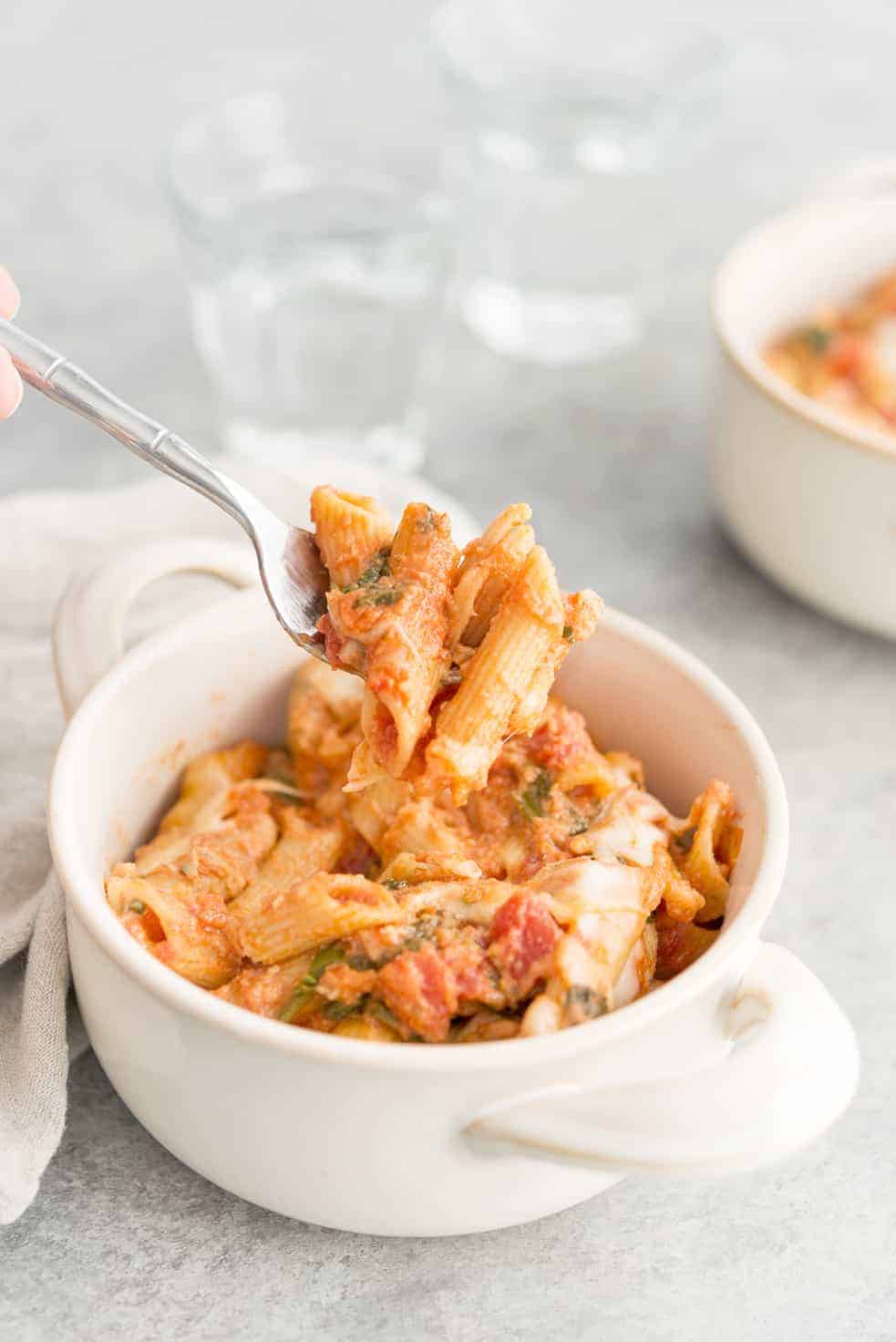 Cooked pasta on a fork
