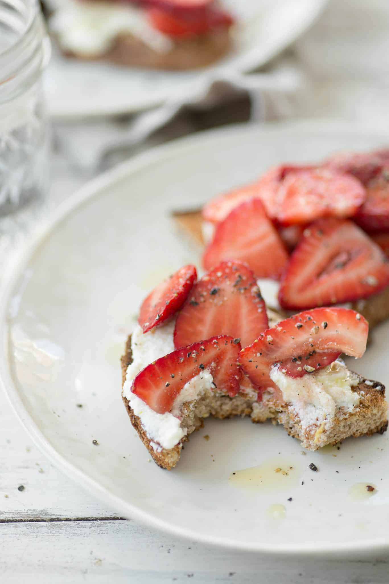 Balsamic Strawberry Ricotta Toast. The Perfect Breakfast For This Time Of Year. Balsamic Soaked Berries Spooned Onto Thick Toast With Orange Ricotta. | Delishknowledge.com