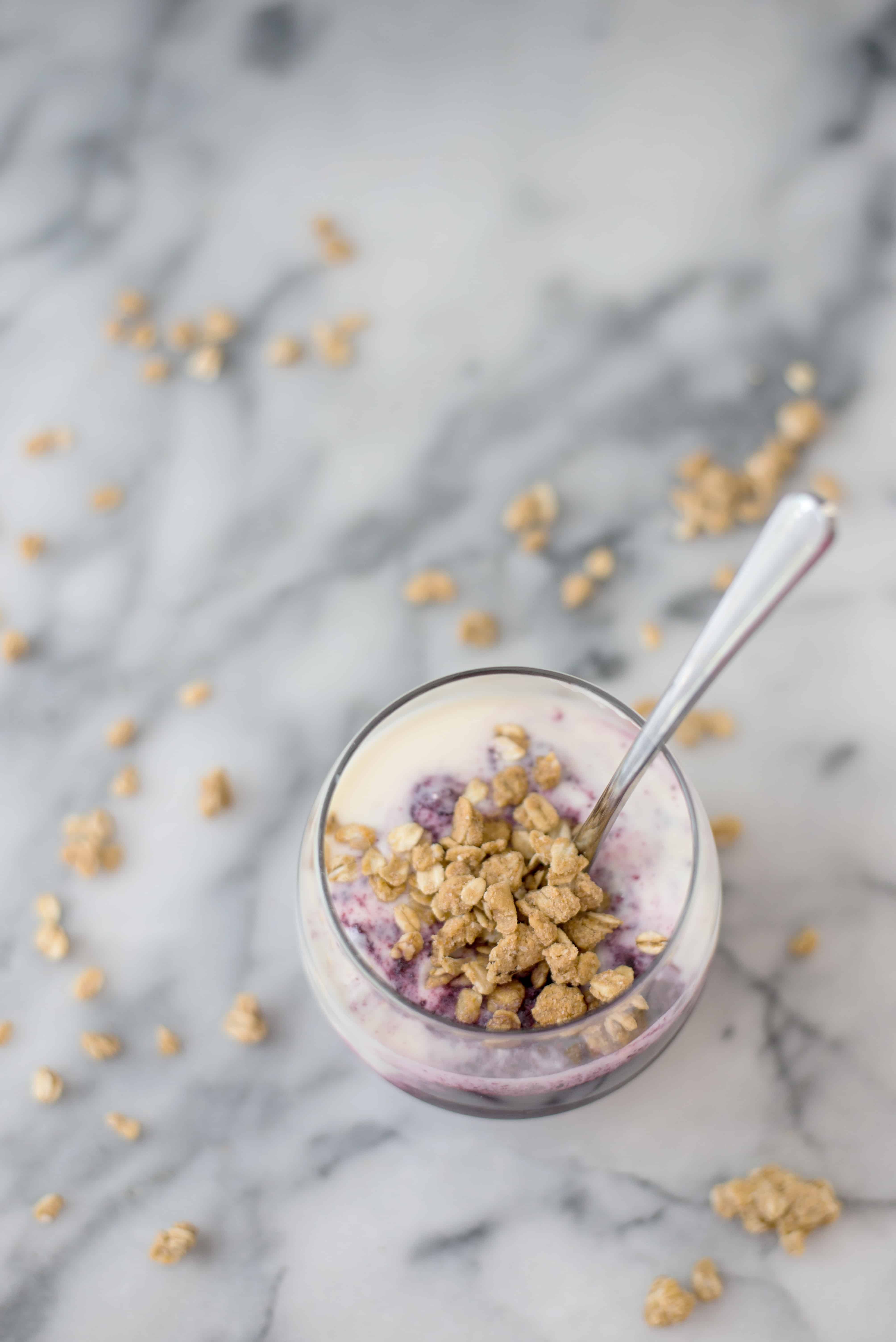 Wild Blueberry Chia Parfaits With Peanut Butter Granola! Such A Yummy Breakfast With Make-Ahead Option! Layers Of Wild Blueberry Chia Jam, Yogurt And Giant Peanut Butter Cluster Granola! Vegetarian, Easily Vegan And Gluten-Free. | Www.delishknowledge.com