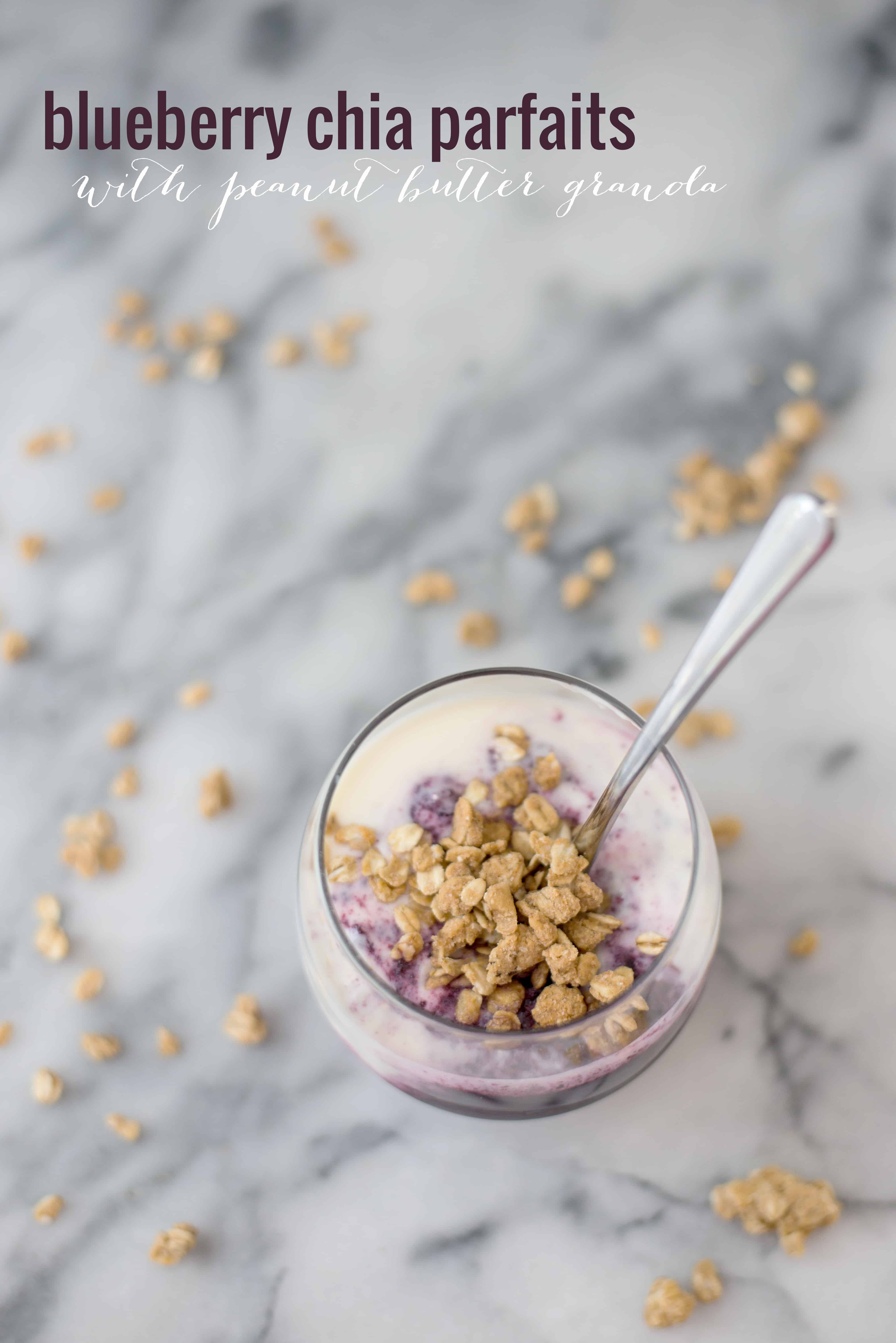 Wild Blueberry Chia Parfaits with Peanut Butter Granola! Such a yummy breakfast with make-ahead option! Layers of wild blueberry chia jam, yogurt and giant peanut butter cluster granola! Vegetarian, easily vegan and gluten-free. | www.delishknowledge.com