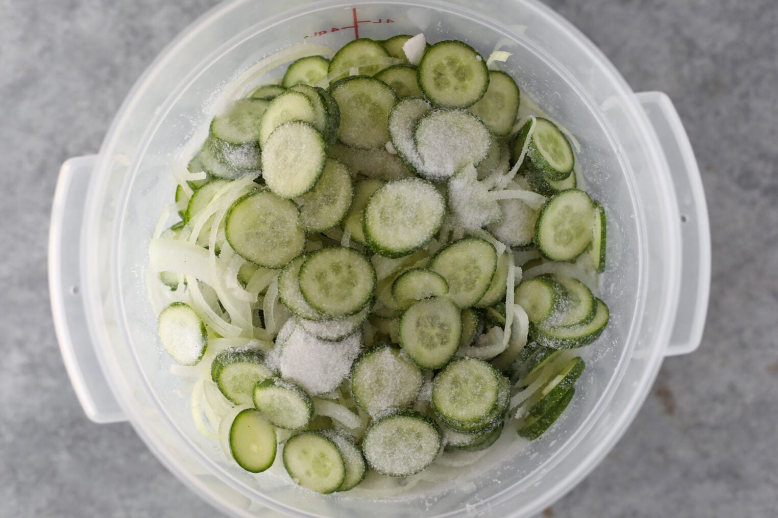 Sliced Cucumbers And Onions In A Plastic Container, Sprinkled With Salt And Sugar, On A Gray Surface—Ready To Become Classic Bread And Butter Pickles.