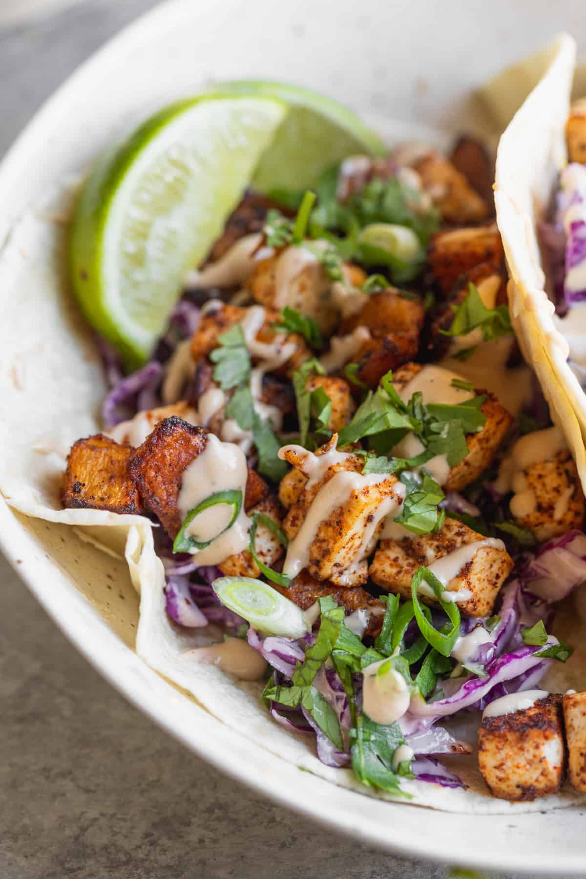 Close Up Photo Of Vegan Tacos With Butternut Squash And Tofu