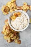 Caramelized Onion Dip with Baked Potato Chips! This appetizer is perfect for summer; easy caramelized onion dip made with greek yogurt and homemade baked potato chips with less oil than traditional chips. Vegetarian, easily vegan using dairy-free versions. | www.delishknowledge.com