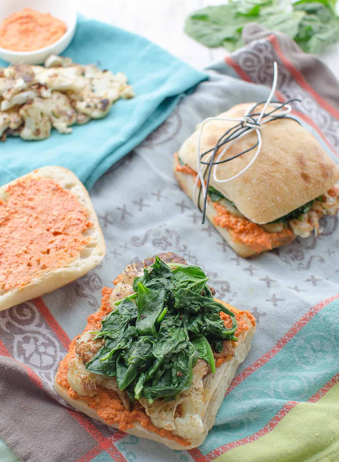 The Best Vegan Sandwich! Crispy Cauliflower, Garlic Spinach And Quick Romesco Sauce. Perfect For Picnics, Lunch, Or Easy Dinners. #Vegetarian #Vegan #Healthy | Www.delishknowledge.com