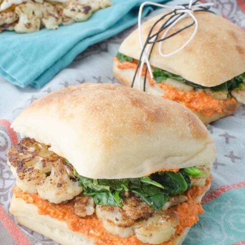 The Best Vegan Sandwich! Crispy Cauliflower, Garlic Spinach And Quick Romesco Sauce. Perfect For Picnics, Lunch, Or Easy Dinners. #Vegetarian #Vegan #Healthy | Www.delishknowledge.com