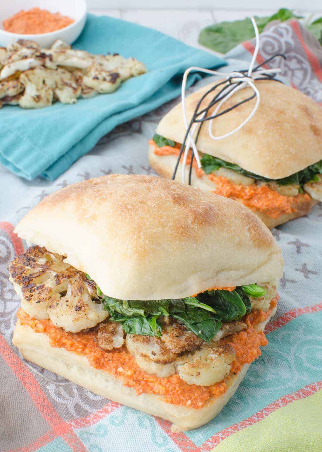 The Best Vegan Sandwich! Crispy Cauliflower, Garlic Spinach And Quick Romesco Sauce. Perfect For Picnics, Lunch, Or Easy Dinners. #Vegetarian #Vegan #Healthy | Www.delishknowledge.com