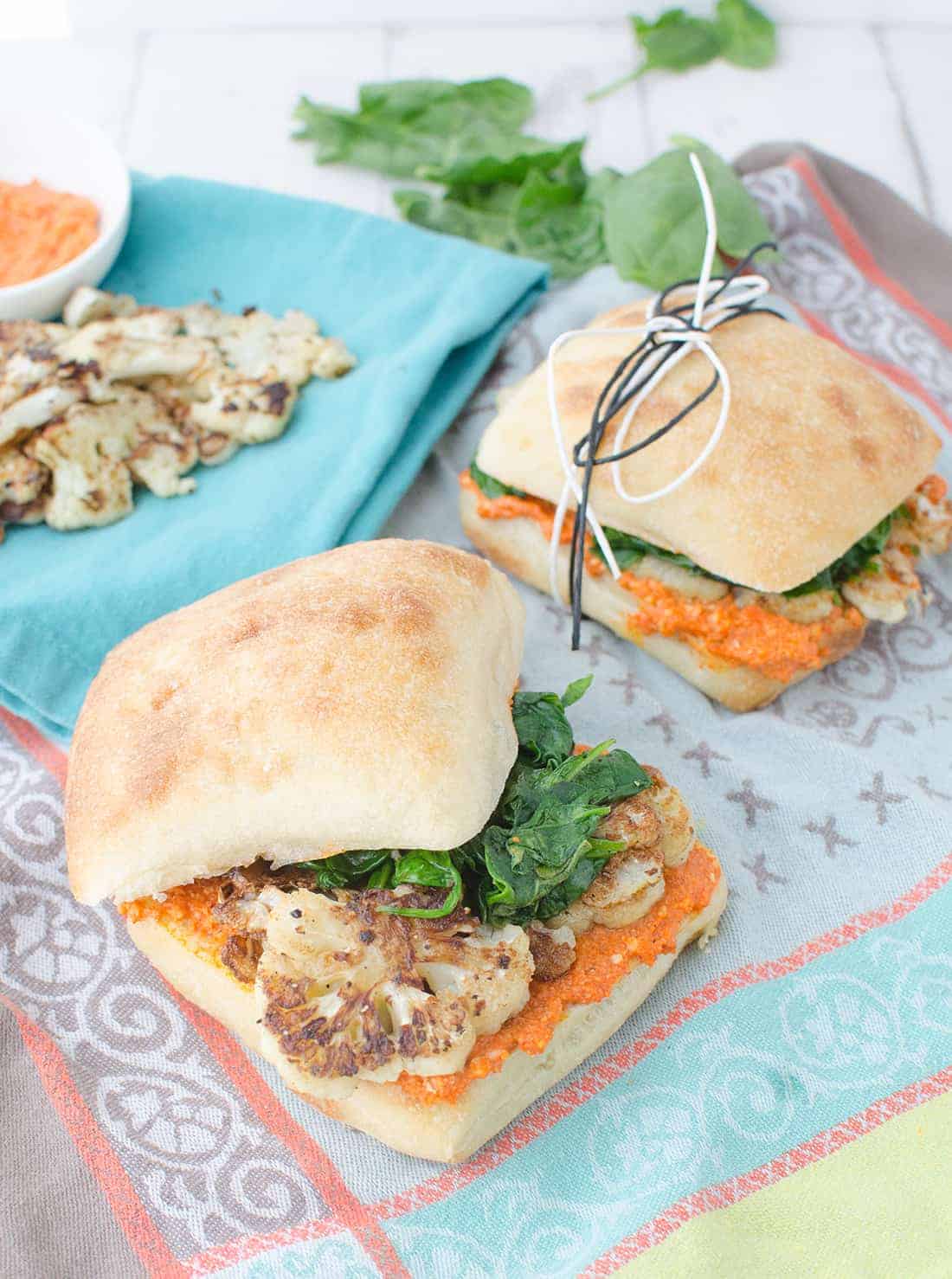 The Best Vegan Sandwich! Crispy Cauliflower, Garlic Spinach And Quick Romesco Sauce. Perfect For Picnics, Lunch, Or Easy Dinners. #Vegetarian #Vegan #Healthy | Www.delishknowledge.com