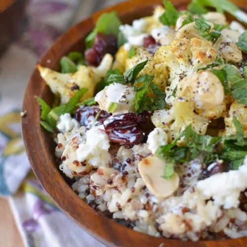 Caulipower Rice Bowls! Vegetarian &Amp; Gluten-Free Bowls With Roasted Cauliflower, Sprouted Rice &Amp; Quinoa, Mint, Cranberries And Almonds With A Creamy Lemon Dressing. | Www.delishknowledge.com