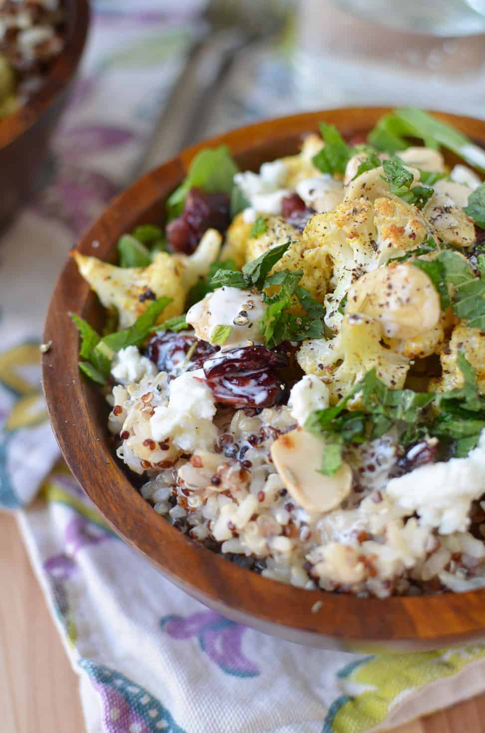 Caulipower Rice Bowls! Vegetarian &Amp; Gluten-Free Bowls With Roasted Cauliflower, Sprouted Rice &Amp; Quinoa, Mint, Cranberries And Almonds With A Creamy Lemon Dressing. | Www.delishknowledge.com