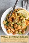 Looking for a healthy vegan sheet pan dinner recipe? Then you've gotta try this one! Roasted broccoli, potatoes and chickpeas with a spinach and a spicy harissa sauce on top.