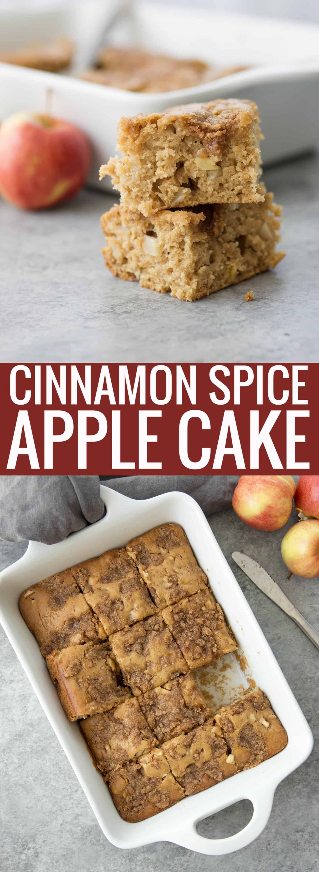 Cinnamon Spice Apple Cake! Similar to a coffee cake, perfect for brunch. This cake is packed with fresh apples and spices and topped with cinnamon-sugar. A must-make for Fall. | www.delishknowledge.com