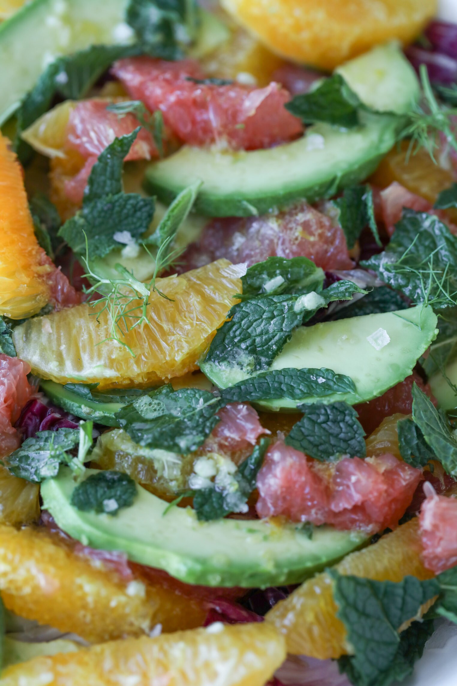 Close-Up Of A Fresh Orange And Fennel Salad With Grapefruit Segments, Avocado Slices, Mint Leaves, And A Sprinkle Of Coarse Salt.