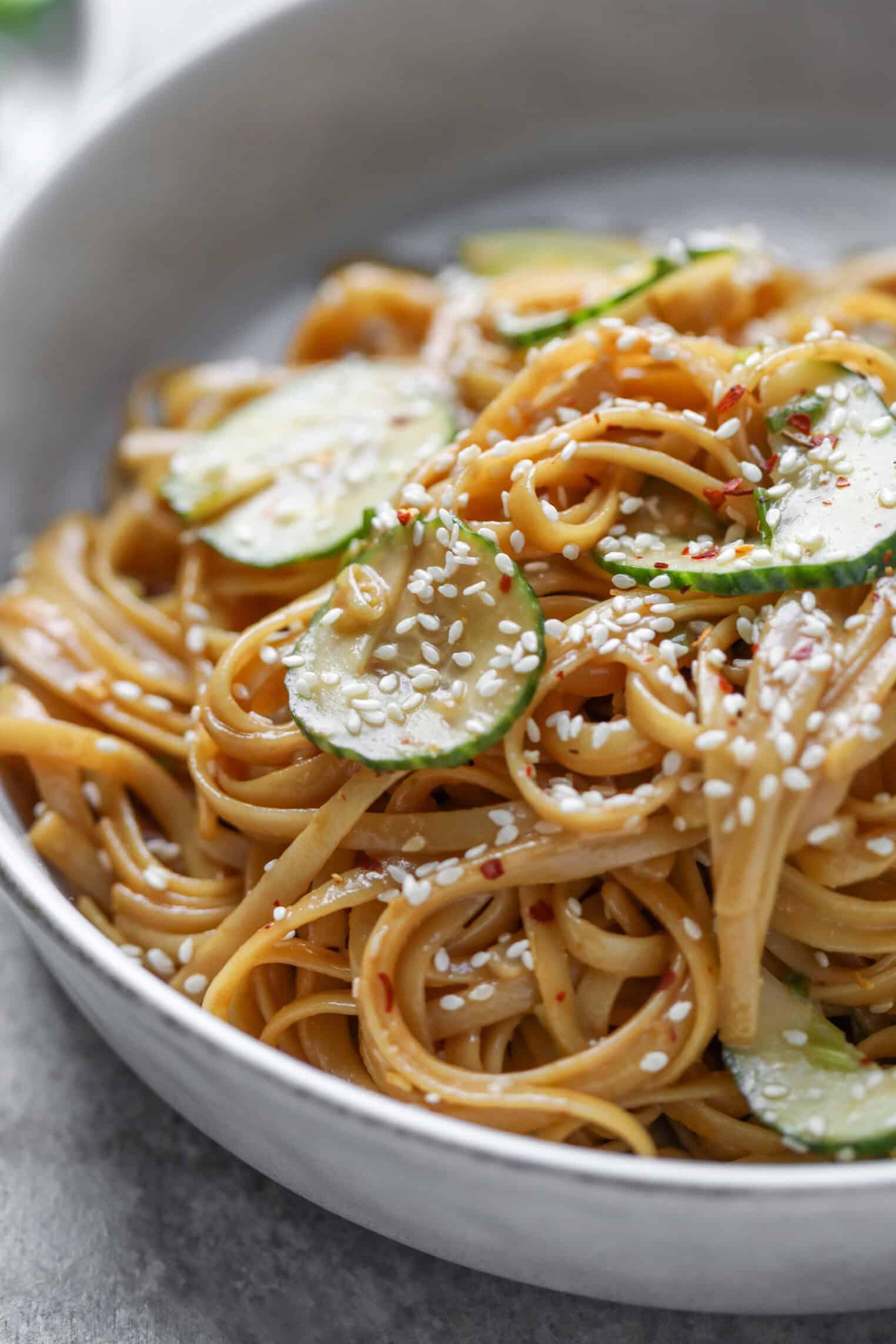 Cold Sesame Noodles With Cucumbers 8 A Close-Up Of Cold Sesame Noodles Mixed With Thinly Sliced Cucumbers, Sprinkled With White Sesame Seeds And Red Pepper Flakes. The Noodles Are Coated In A Light Sauce And Served In A White Bowl.