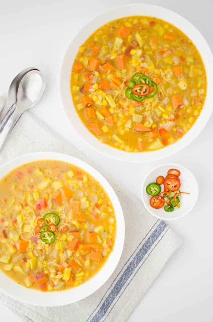 Get Ready For Fall With This Healthy Chowder. Filled With Fresh Sweet Corn, Sweet Potatoes, Peppers And Yellow Squash. Vegetarian And Gluten-Free.