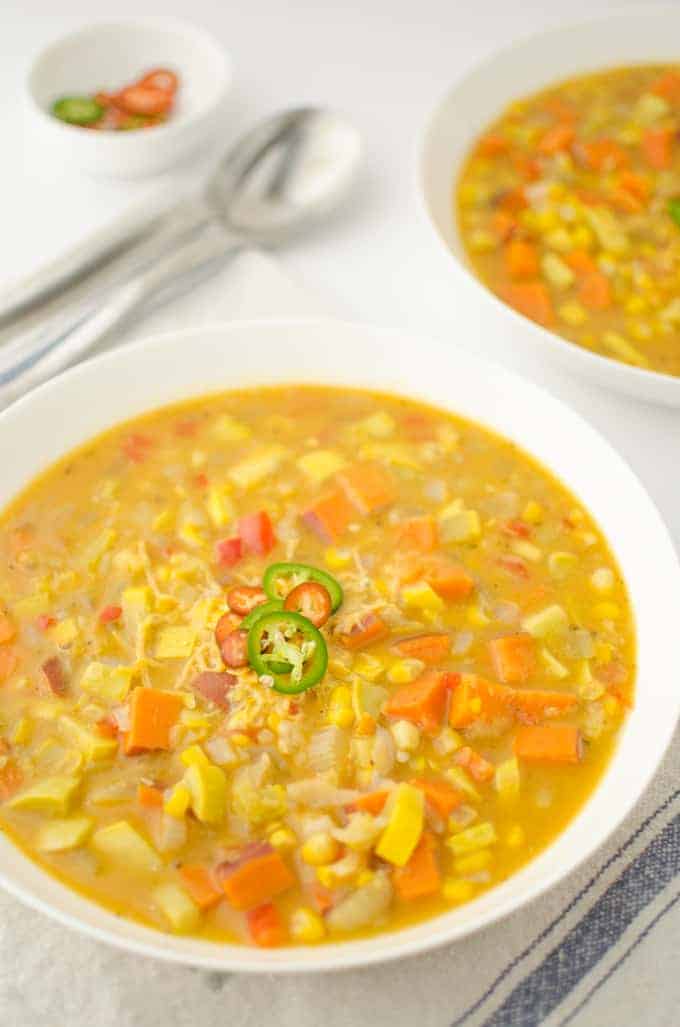 Get Ready For Fall With This Healthy Chowder. Filled With Fresh Sweet Corn, Sweet Potatoes, Peppers And Yellow Squash. Vegetarian And Gluten-Free.