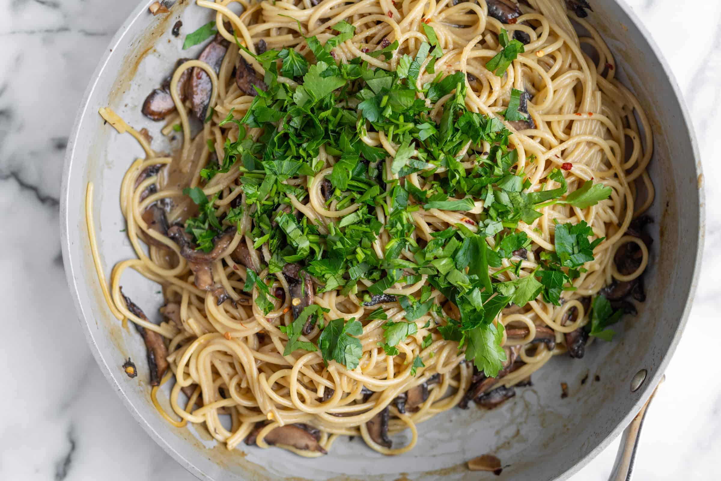 Pan Of Mushroom Pasta With Parsley