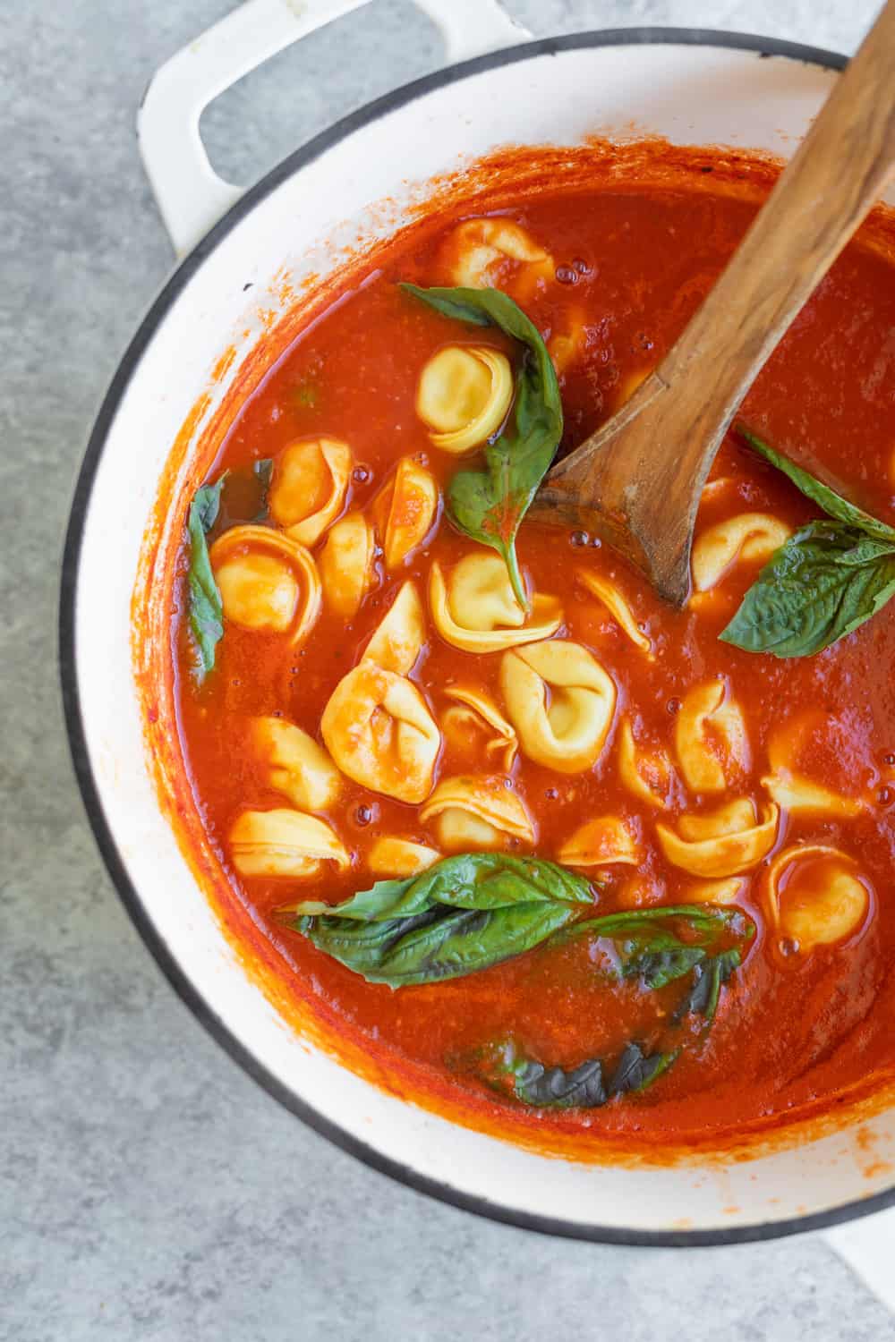 Pot Of Tomato Basil Soup With Tortellini