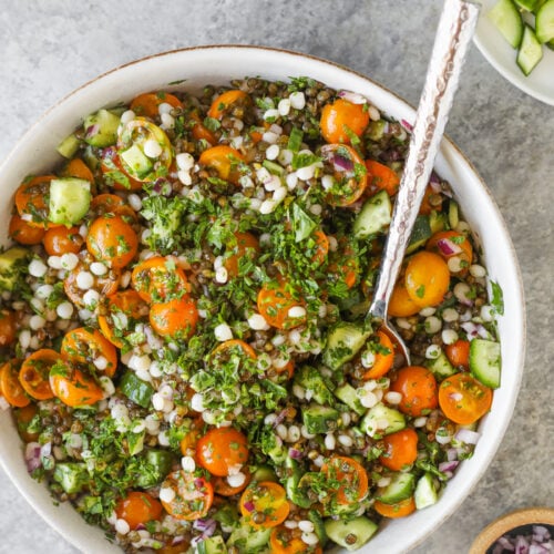 A Bowl Of Salad With Cherry Tomatoes, Cucumbers, Chopped Herbs, Pearl Couscous, And Red Onions, With A Spoon Inside—Reminiscent Of A Refreshing Lentil Tabbouleh. Small Bowls Of Diced Cucumber And Tomatoes Are Nearby.