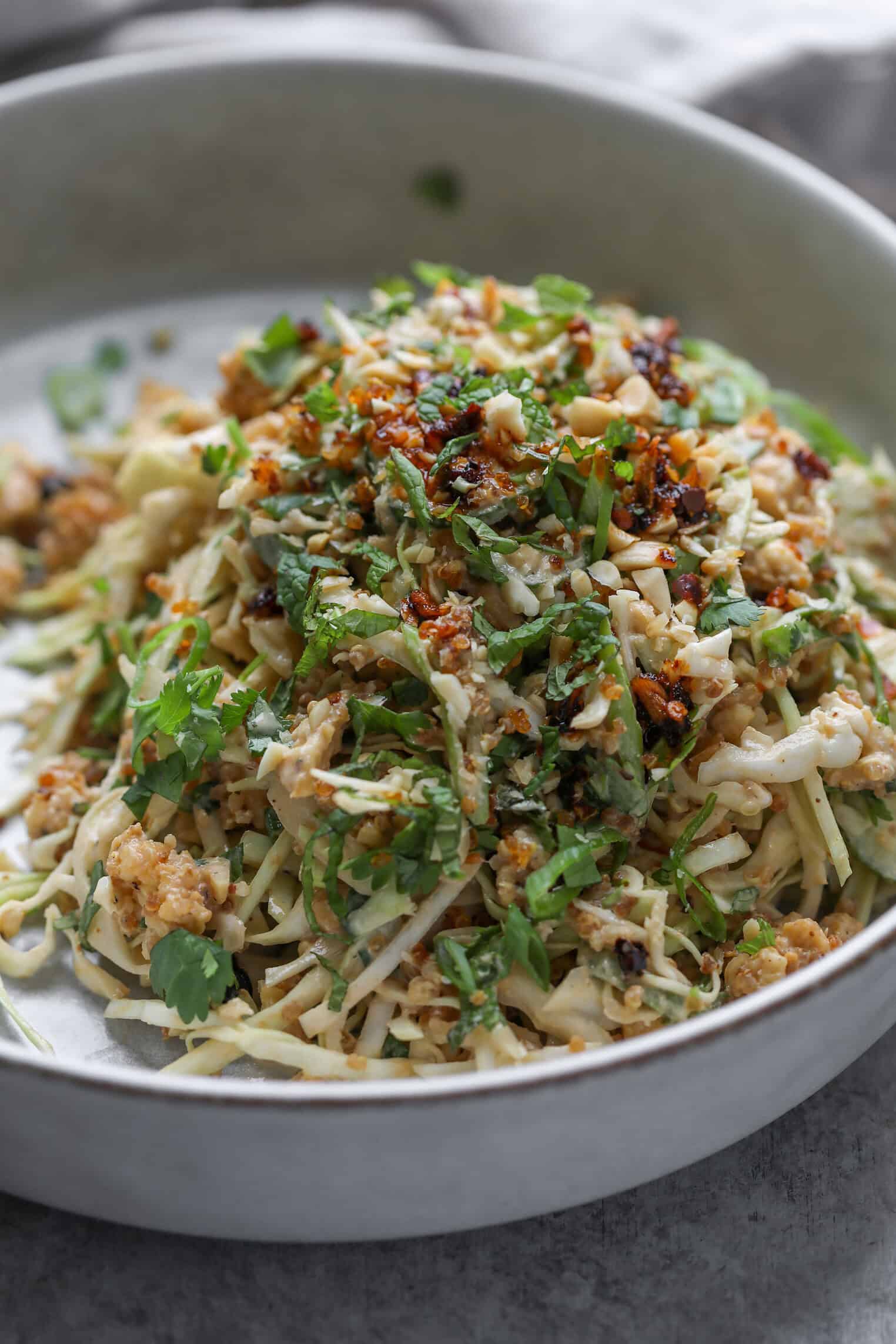Crispy Quinoa Salad 12 A Close-Up Of A Bowl Filled With Crispy Quinoa Salad And Noodles, Topped With Fresh Chopped Herbs, Crunchy Bits, And A Light Dressing. The Dish Appears Colorful And Fresh, Served In A Shallow, Light-Colored Bowl.