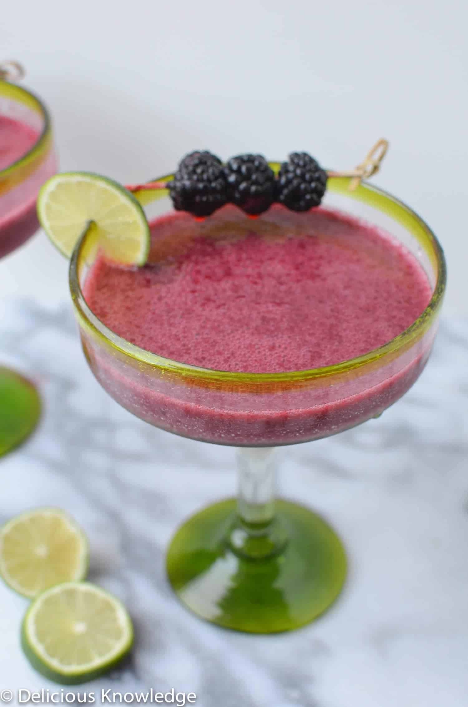 Serve these blackberry margaritas in margarita glasses with your favoured garnishes!