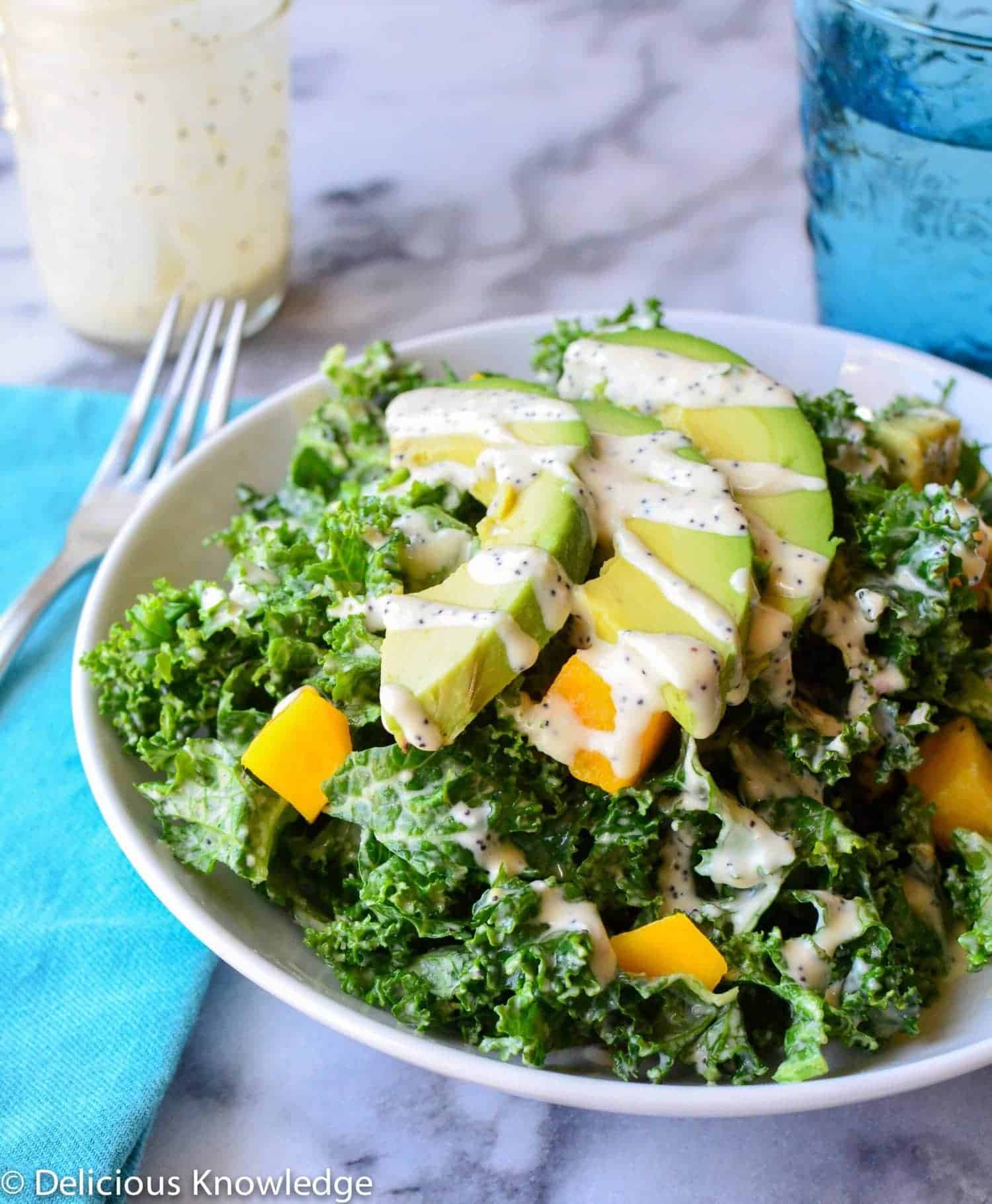 Kale Salad with Mango, Avocado and Vegan poppy seed dressing