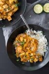 Vegan Delicata Squash Red Curry! If you're looking for a healthy, plant-based dinner- this is it! Simmered tofu and squash in a mild red curry sauce. Easily gluten-free. | www.delishknowledge.com