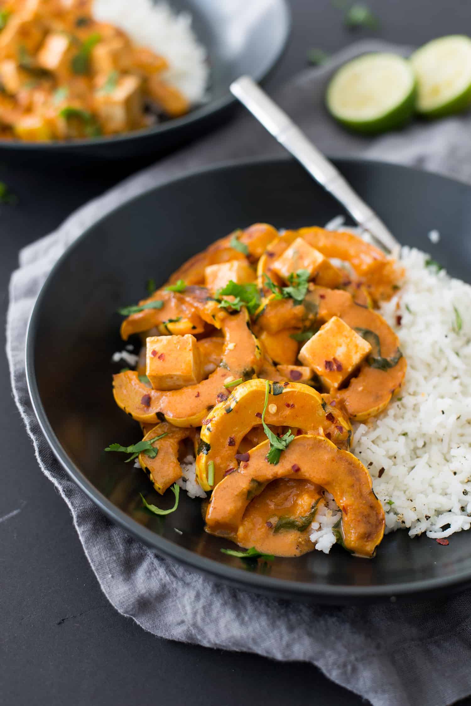 Vegan Delicata Squash Red Curry! If You'Re Looking For A Healthy, Plant-Based Dinner- This Is It! Simmered Tofu And Squash In A Mild Red Curry Sauce. Easily Gluten-Free. | Www.delishknowledge.com