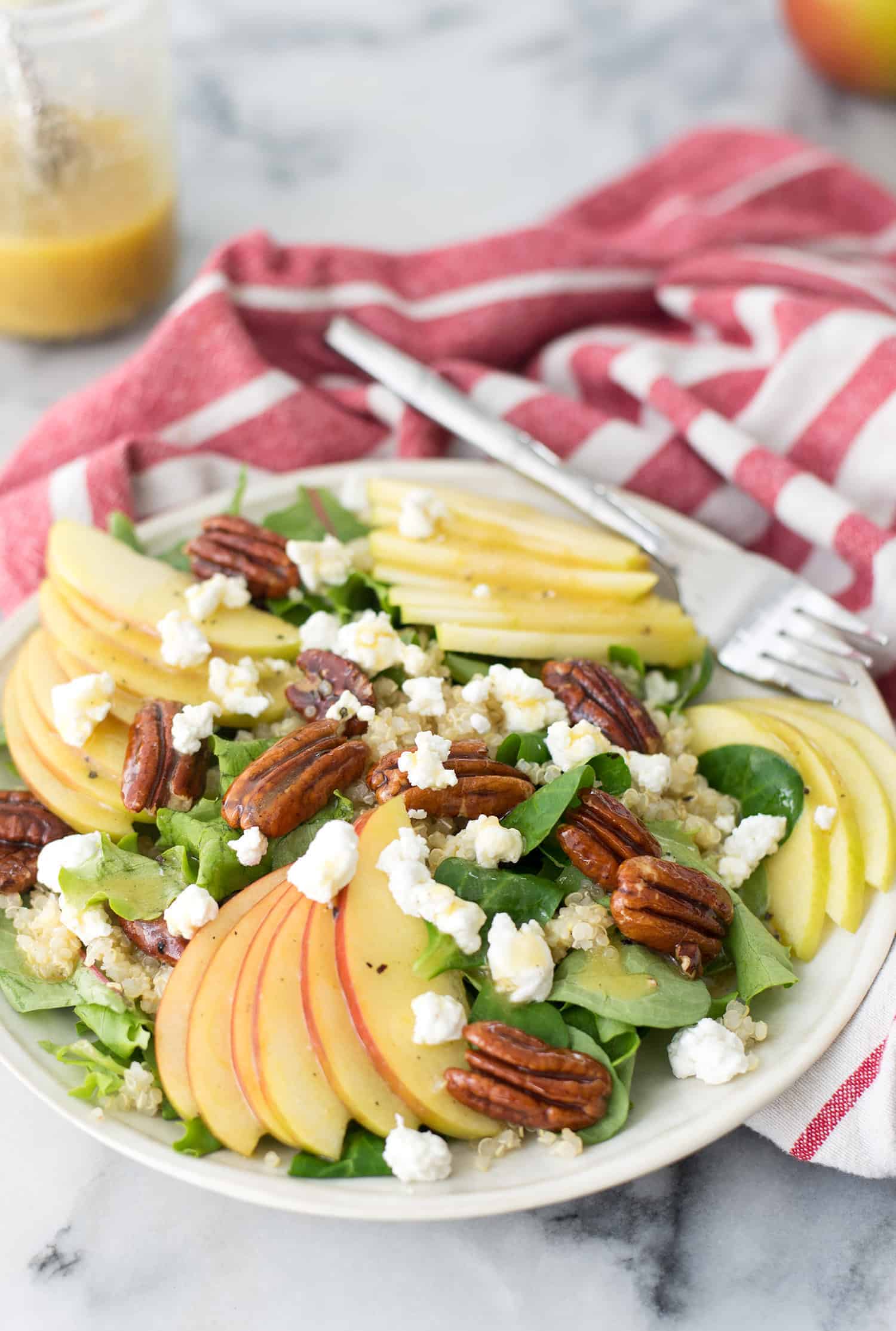 Fall Harvest Salad! A must make this fall. Mache lettuce, quinoa, apples, goat cheese, homemade honeyed pecans and a simple apple cider dressing. Vegetarian and Gluten-Free. | www.delishknowledge.com