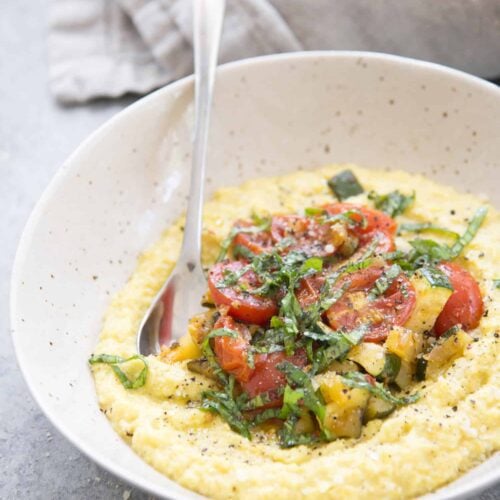 Fresh Corn Polenta With Farm Vegetables And Spicy Basil Oil. The Vegan And Gluten-Free Dinner Is Perfect For Summer! Make The Most Of Farmer'S Market Produce; Fresh Corn Polenta Topped With Sauteed Farm Vegetables And A Drizzle Of Spicy Basil Oil. | Www.delishknowledge.com